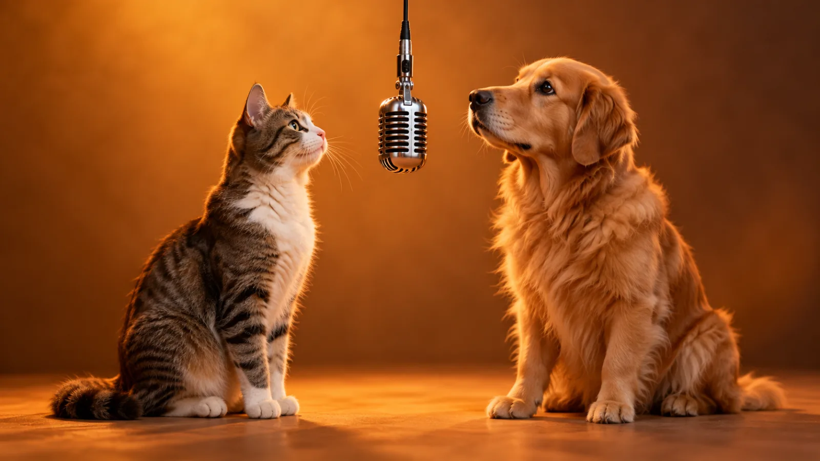 A cat and a dog facing each other under the hanging microphone
